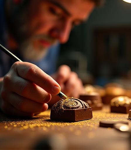 Artisan confectioner hand-finishing a clockwork chocolate piece with edible gold dust in Brooklyn workshop
