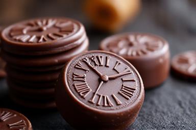 Deep mahogany chocolate-coated toffee discs embossed with Roman numeral clock faces