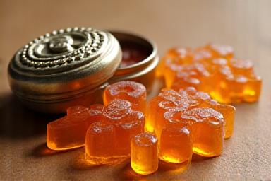 Amber-colored hard candies shaped like spinning gears and cogs in a decorative tin
