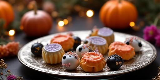 Themed clockwork Halloween and holiday confections displayed on festive table setting with seasonal decor