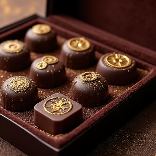 Luxury clockwork chocolate collection with gold-dusted gear impressions in a velvet-lined box