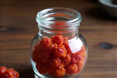 Cinnamon-spiced clockwork candies in a miniature gear-shaped jar on a dark wood surface